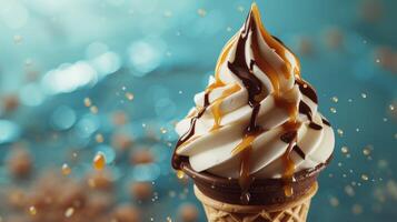 ai generato fusione ghiaccio crema cono ornato con un' turbine di cioccolato e caramello, ai generato foto