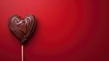 ai generato cioccolato cuore lecca-lecca simboleggiante dolce amore su un' rosso sfondo, ai generato foto