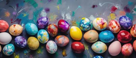 ai generato un' vivace collezione di colorato arancia e blu dipinto a strisce Pasqua uova, ai generato. foto