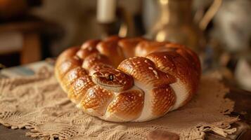 ai generato unico pane pagnotta somigliante un serpente riposo su un' di legno tavolo, ai generato foto