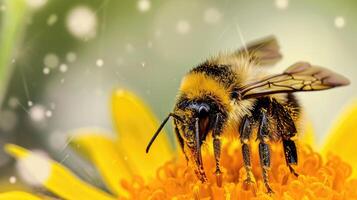 ai generato un' avvicinamento di un' ape seduta su superiore di un' giallo fiore coperto nel polline, ai generato foto