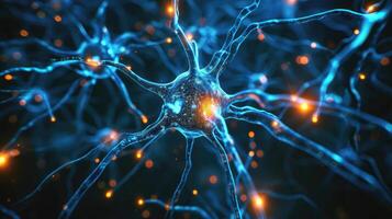 ai generato energico neuroni, neuronale Rete esibendo neurone cellula elettrico attività. studi nel neuroscienza, neurologia, e cerebrale attività, ai generato foto