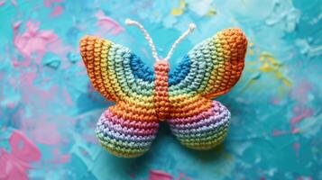 ai generato uncinetto farfalla giocattolo vivace sfondo, fatto a mano e adorabile, ai generato foto