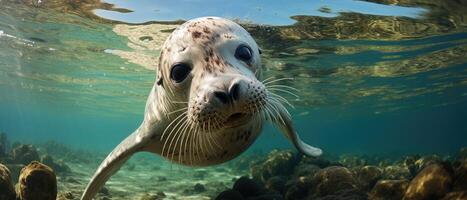 ai generato il Immagine Spettacoli un' avvicinamento di un' foca nuoto subacqueo nel il oceano, ai generato foto