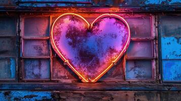 ai generato neon cuore cartello raggiante con vivace rosa e viola tonalità contro un' strutturato, Vintage ▾ metallo sfondo, veicolare retrò romanza foto