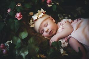 ai generato neonato ragazza addormentato nel verde frondoso pianta. creare ai foto