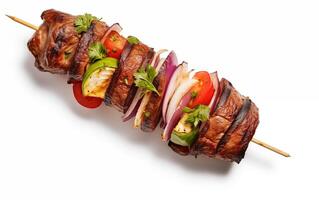 ai generato gustoso fritte grigliato kebab isolato su bianca sfondo foto