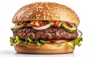 ai generato appetitoso hamburger su un' bianca isolato sfondo foto