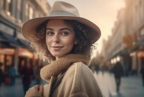 ai generato alla moda giovane Riccio donna con cappello in posa su urbano strada. creare ai foto