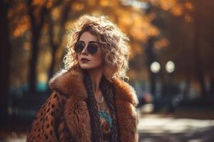 ai generato italiano Riccio donna nel pelliccia cappotto autunno stagione. creare ai foto