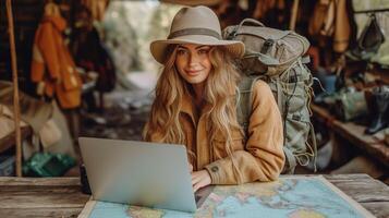 ai generato femmina diario di viaggio con carta geografica e il computer portatile su tavolo foto