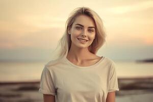 ai generato sorridente bionda ragazza a tramonto spiaggia. creare ai foto