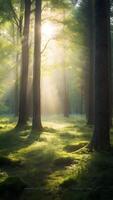 ai generato incantevole foresta radura con luce del sole filtraggio attraverso alberi foto