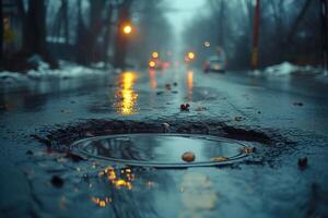 ai generato strada crepa nel il strada e auto in movimento su asfalto superficie foto