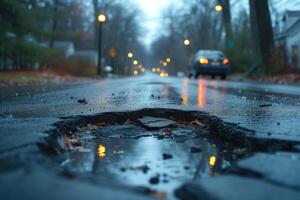 ai generato strada crepa nel il strada e auto in movimento su asfalto superficie foto