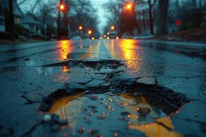 ai generato strada crepa nel il strada e auto in movimento su asfalto superficie foto