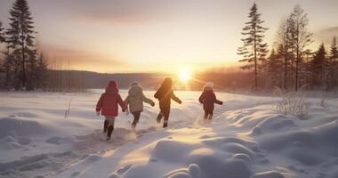 ai generato crepuscolo avventure - un' gruppo di bambini giocando in mezzo d'inverno splendore con un' foresta e il ambientazione sole come un' tela foto