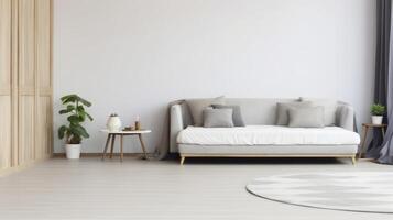 ai generato un' elegante grigio divano abbellito con cuscini, valorizzare il estetico di un Aperto spazio piatto foto