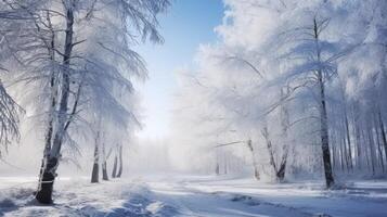 ai generato cattura il incantevole essenza di congelato alberi nel un' inverno foresta foto