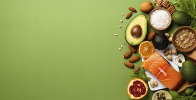 ai generato superiore Visualizza di un' keto-friendly festa con salmone, avocado, uova, e semi foto