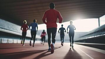 ai generato sportivi nel focalizzata addestramento, in esecuzione su un' pista, visto a partire dal il indietro foto