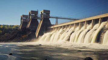 ai generato osservando il idroelettrico diga armonia con il del fiume naturale flusso foto