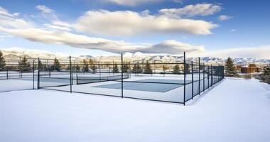 ai generato un' tennis Tribunale nel coperto con neve durante inverno stagione. le case, montagna, e luminosa nuvoloso cielo può essere visto nel il distanza foto