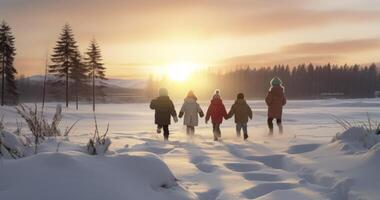 ai generato raffreddato fascino - bambini giocare nel il incanto di un' ricoperta di neve campo, foresta e ambientazione sole nel armonia foto