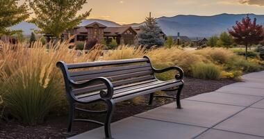 ai generato godere il bellezza di un' parco con metallo panchine, prospiciente Residenziale le zone contro un' montagnoso orizzonte foto