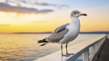 ai generato un' gabbiano sta orologio su un' molo contro il fondale di un' tramonto mare foto