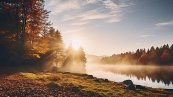 ai generato il splendida bellezza di Alba illuminante il autunno paesaggio foto