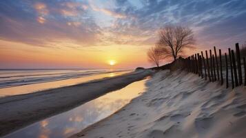 ai generato sereno spiaggia bagnata nel il presto leggero di Alba foto