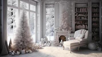 ai generato accogliente inverno vivente camera con Natale albero. Natale e nuovo anno concetto foto