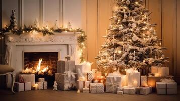 ai generato accogliente inverno vivente camera con Natale albero e il camino. Natale e nuovo anno concetto foto