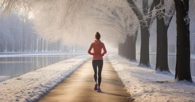 ai generato posteriore Visualizza, un' donna continua sua fitness viaggio con inverno corre foto