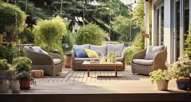 ai generato di legno terrazza spazio, perfettamente styled con di vimini arredamento e botanico Accenti foto