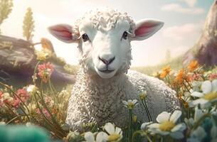 ai generato carino bambino agnello nel floreale campo. creare ai foto