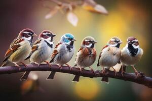 ai generato passeri su albero ramo fauna selvaggio. creare ai foto