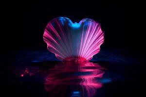 ai generato cuore sagomato rosa raggiante conchiglia su acqua. creare ai foto