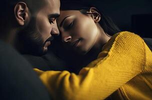 ai generato romantico coppia coccole su divano. creare ai foto