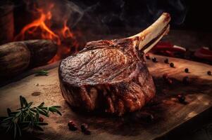 ai generato barbeque griglia tomahawk bistecca su di legno tavola. creare ai foto