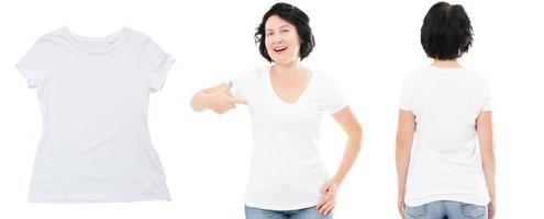 set di t-shirt bianca da donna, t-shirt bianca closeup isolato spazio copia, design t-shirt e concetto di persone - primo piano foto