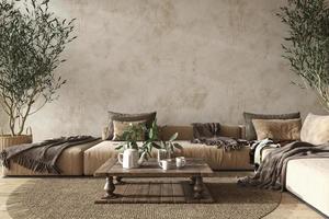 interno soggiorno beige in stile rustico scandinavo con mobili in legno naturale. simulare lo sfondo della parete in gesso. illustrazione di rendering 3D. foto