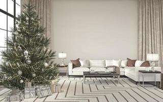albero di natale con regali nel design degli interni del soggiorno. stile Hampton. mockup muro bianco sullo sfondo della casa di lusso. illustrazione di rendering 3D.
