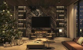 albero di natale e interior design di lusso soggiorno con illuminazione notturna, camino, parete tv in marmo, soffitto in legno. illustrazione di rendering 3D. foto