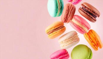 ai generato colorato macarons su un' rosa sfondo foto