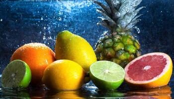 ai generato fresco frutta e acqua spruzzo sfondo foto