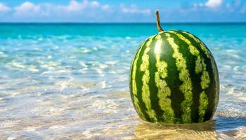 ai generato un' anguria è seduta su il spiaggia con il oceano nel il sfondo foto