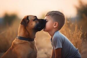 ai generato ragazzo baci il suo migliore amico cane. creare ai foto