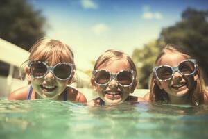 ai generato gruppo bambini con occhiali da sole nel piscina. creare ai foto